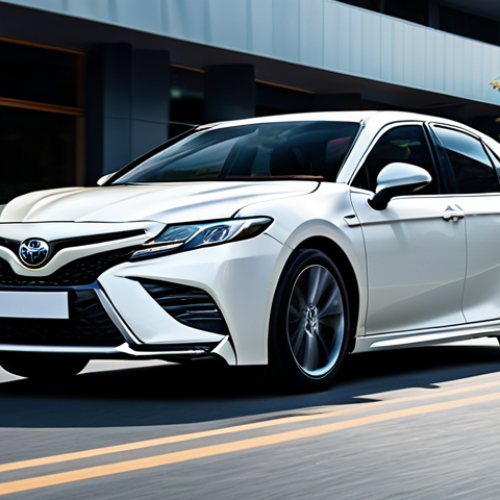 A dynamic, high-angle shot of the newest Toyota Camry driving on a modern, clean city street at twilight. The car exhibits a bold, sporty exterior with a large trapezoidal chrome grille, sharp LED headlights featuring L-shaped DRLs, and distinctive side body lines flowing towards sleek multi-spoke alloy wheels. The rear showcases redesigned LED taillights connected by a chrome bar, and a sporty bumper with subtle dual exhausts. Emphasize the car's elegant stance and modern design. Professional photography, high quality, highly detailed, realistic, perfect proportions, safe for work, appropriate content, fully clothed, professional.