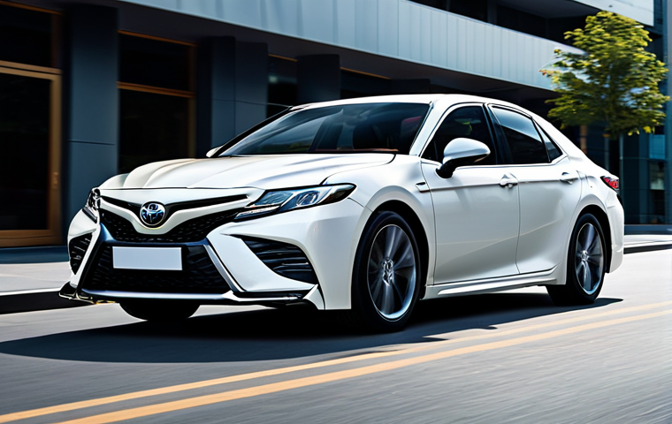A dynamic, high-angle shot of the newest Toyota Camry driving on a modern, clean city street at twilight. The car exhibits a bold, sporty exterior with a large trapezoidal chrome grille, sharp LED headlights featuring L-shaped DRLs, and distinctive side body lines flowing towards sleek multi-spoke alloy wheels. The rear showcases redesigned LED taillights connected by a chrome bar, and a sporty bumper with subtle dual exhausts. Emphasize the car's elegant stance and modern design. Professional photography, high quality, highly detailed, realistic, perfect proportions, safe for work, appropriate content, fully clothed, professional.