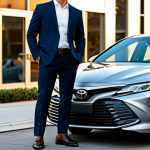 A professional individual in a modest business suit, standing confidently next to a new model Toyota Camry in a calm, upscale urban environment during golden hour. The scene emphasizes elegance, sophistication, and reliability, with soft, ambient lighting. The individual has perfect anatomy, correct proportions, and a natural pose, with well-formed hands and proper finger count, natural body proportions. The overall image quality is professional photography, high resolution, safe for work, appropriate content, fully clothed, professional, and family-friendly.