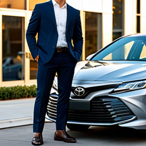 A professional individual in a modest business suit, standing confidently next to a new model Toyota Camry in a calm, upscale urban environment during golden hour. The scene emphasizes elegance, sophistication, and reliability, with soft, ambient lighting. The individual has perfect anatomy, correct proportions, and a natural pose, with well-formed hands and proper finger count, natural body proportions. The overall image quality is professional photography, high resolution, safe for work, appropriate content, fully clothed, professional, and family-friendly.