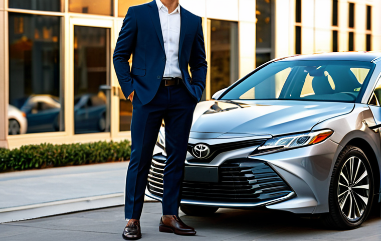 A professional individual in a modest business suit, standing confidently next to a new model Toyota Camry in a calm, upscale urban environment during golden hour. The scene emphasizes elegance, sophistication, and reliability, with soft, ambient lighting. The individual has perfect anatomy, correct proportions, and a natural pose, with well-formed hands and proper finger count, natural body proportions. The overall image quality is professional photography, high resolution, safe for work, appropriate content, fully clothed, professional, and family-friendly.